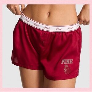🍎PINK VICTORIA’S SECRET Silky Pajama Shorts Red With Bling Apple & “PINK” Logo L